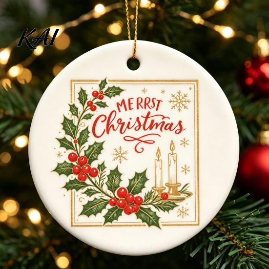 Festive Home Decor Ceramic Christmas Ornament, 2D Double Sided Cowboy/Nutcracker/Holy Berry Hanging Holiday Window Decorations Ornament for