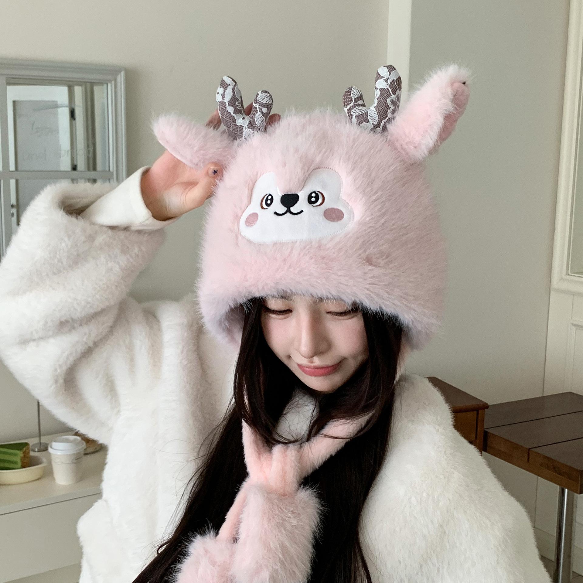 Милая Мультяшная Плюшевая Шапка-Ушанка Женская Зимняя Теплая Кепка-Бомбер на Флисовой Подкладке Утолщенная Кепка для Улицы One size