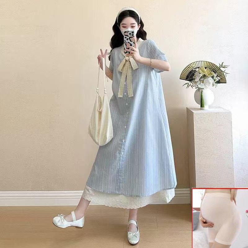2026 Summer Korean-Style Maternity Dress: Single-Breasted, Lace Patchwork, Bowknot Design, Faux Two-Piece