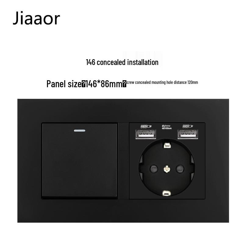 16A Black European Double Gang German-Style Switch & USB/Type-C Socket for Concealed Installation
