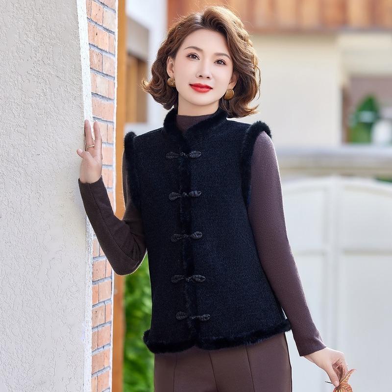 Autumn and Winter Vest Vest Stand-up Collar Buckle Fleece Vest Thickened Old Lady Warm Jacket