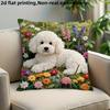 1Pc, 2d flat printing, white dog lying next to wild flowers pillow cover