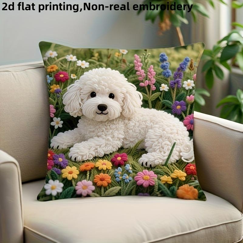 1Pc, 2d flat printing, white dog lying next to wild flowers pillow cover