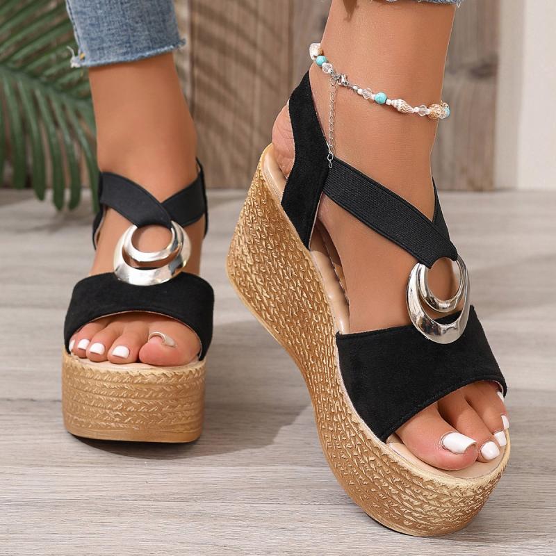 Fashion Bohemia Metaldecoration Slip On Sandals Women 2025 Summer Chunky Platform Super High Wedge Heel Sandals Back Strap Beach Shoes