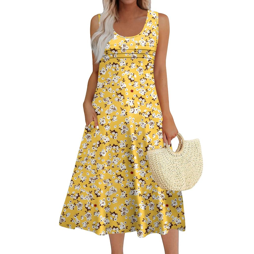 Women's Fashion Round Neck Sleeveless Pleated Beach Dress With Pockets Long Floral Dresses