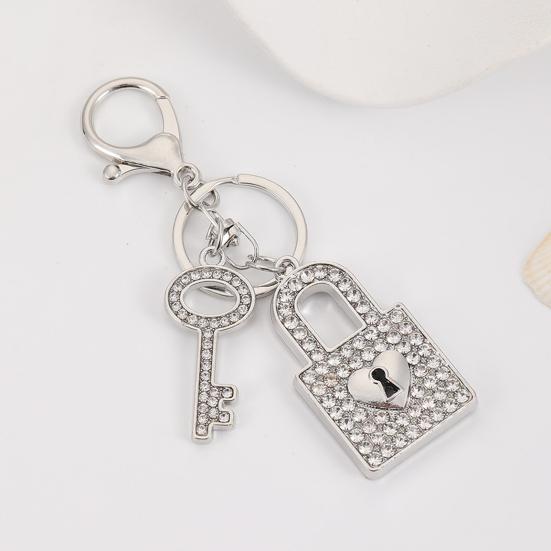 Keychain Pendant Rhinestones Inlaid Concentric Lock Design Couple Key Chain with Anti-Oxidation Lobster Clasp Backpacks Accessory