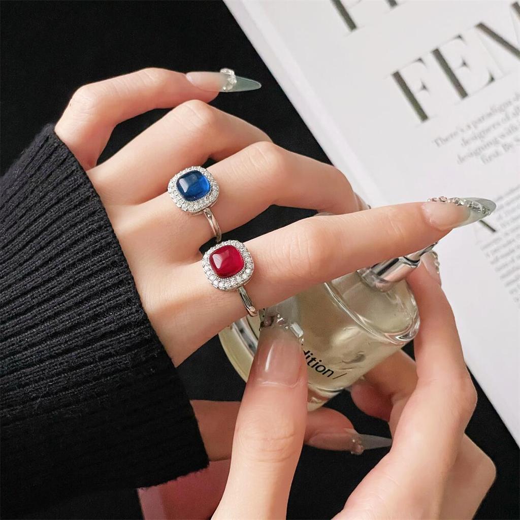 Color Diamond-Set Zircon Niche Design Open Ring Square Unique Light Luxury High Sense Exquisite Temperament Ring Woman