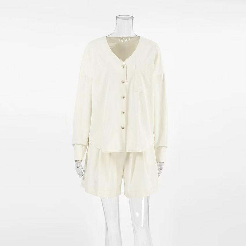 

Fashion Loose Pure Color Cardigan Long Sleeves Tops Shorts Suit Cardigan Top and Shorts Set Beige White S