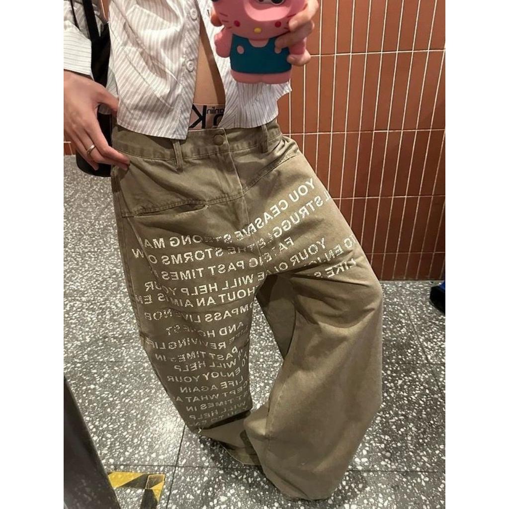VibeStreet American Large Size Letter Print Jeans Women's Vintage Loose Lazy Style Floor-Length Pants Straight Leg Jeans