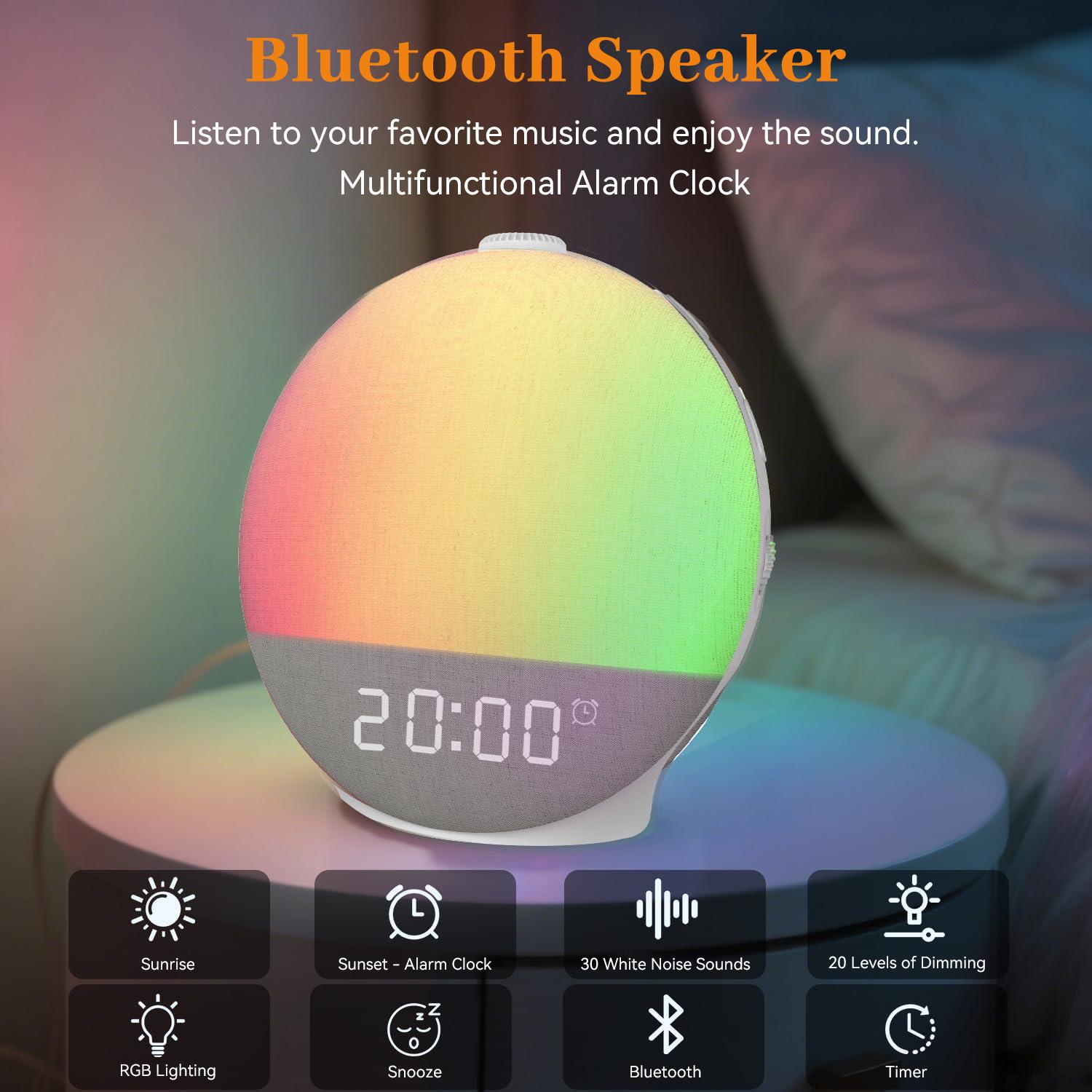 Smart Wake Up Light Sunrise Alarm Clock White Noise Machine Bluetooth Speaker with 30 Sleep Sound for Heavy Sleeper Perfect Gift