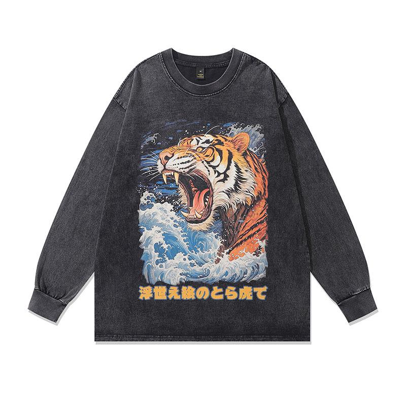 Tide Brand T-Shirt Harajuku Japanese Ukiyo-E Painted Street Retro Tiger Print Washed Old Long-Sleeved T-Shirt For Men And Women