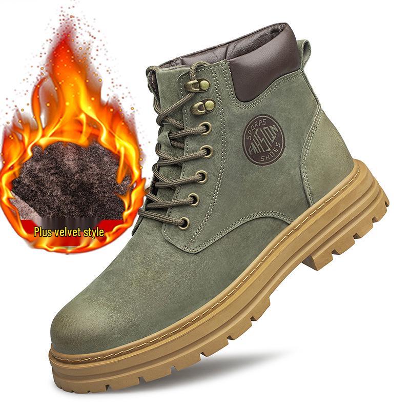 Men's Large Size Winter Genuine Leather Martin Boots, Thick Sole, High-Top, Outdoor, Plus Velvet, Yellow Work Boots.