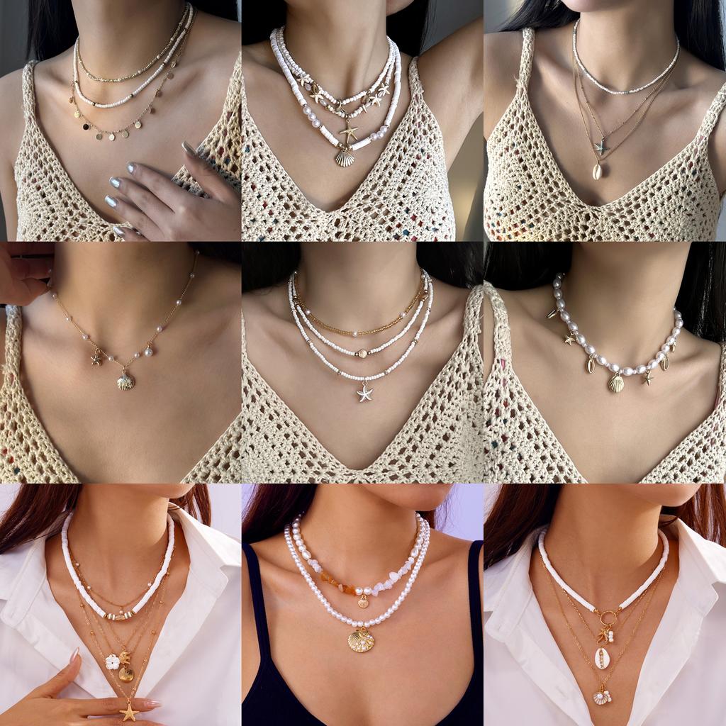 Multilayer Imitation Pearl Polymer Clay Beads Necklace for Women Bohemian Starfish Conch Shell Choker Chain Summer Jewelry Gift
