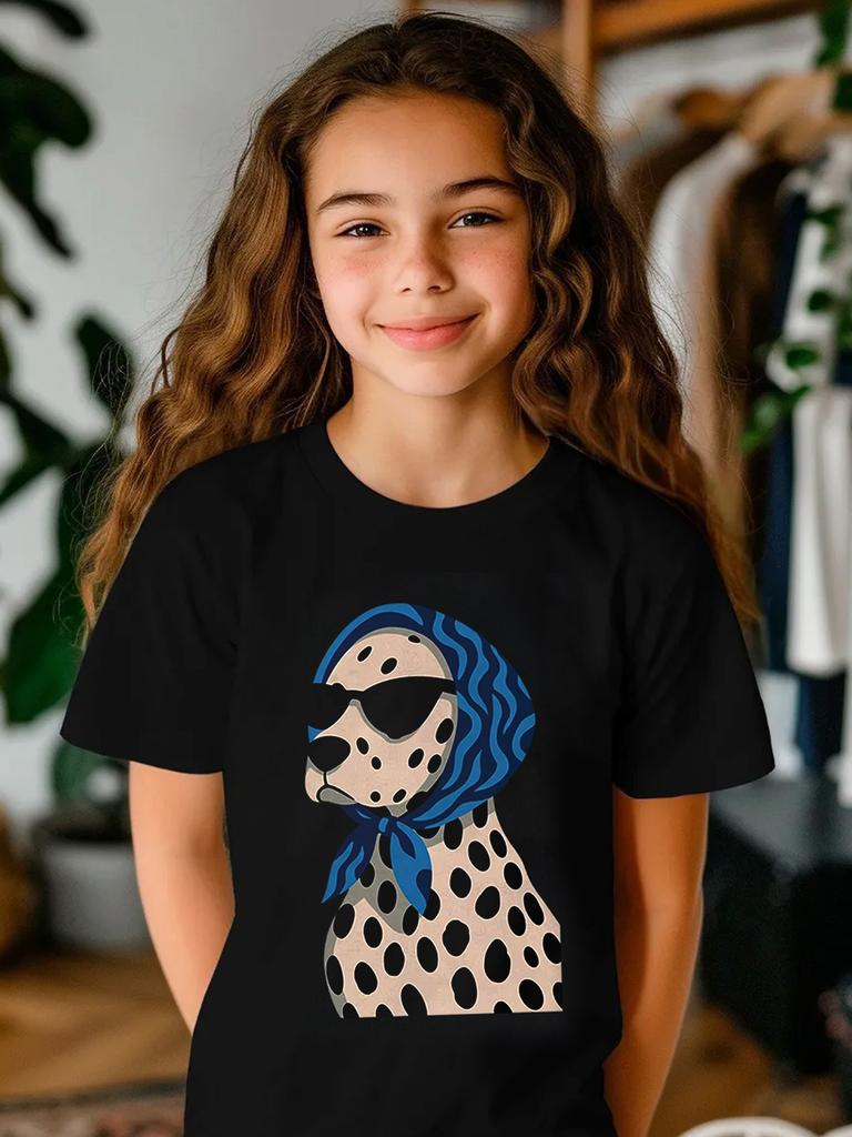 Fashion HandPainted Style Dalmatian Print Headscarf Glasses dog Summer Boys Girls T Shirt Kids Baby Youth Unisex Unisex Tee Cotton