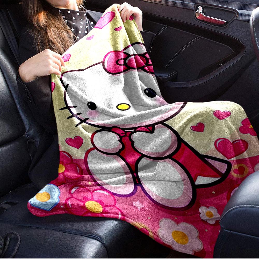 For Kitty, Hearts, FlowersAnime-Themed Flannel Blanket, Glam Style, Digital Print, All-Season Comfort, Tear-Resistant, Knitted Craftsmanship