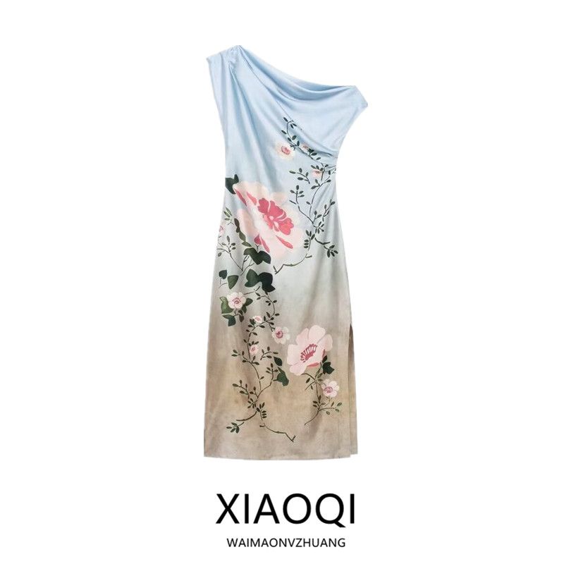 Fashion Style 2024 Autumn New Female Flower Print Silk Satin High-Quality Contrast-Colored Long Dress 8828186