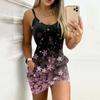 Women's Summer Casual Fashion Printed V Neck Pocket Sling Strap Dress
