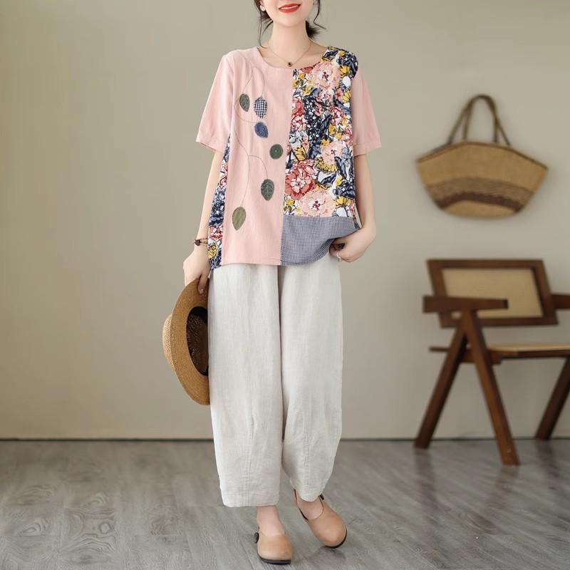DIMANAF 2024 Verão Plus Size Mulheres Camisetas Estampa Floral Elegante Manga Patchwork Tops Tees Solto Casual Camisa de Linho 91688
