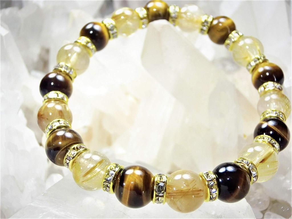 Kanaishi x Wealth Bracelet Gold Rutilated Quartz Eye Bracelet for Power Natural Crushed [Wealth ] Tiger's Men, Stone, Stone, 9mm-10mm [Purification,