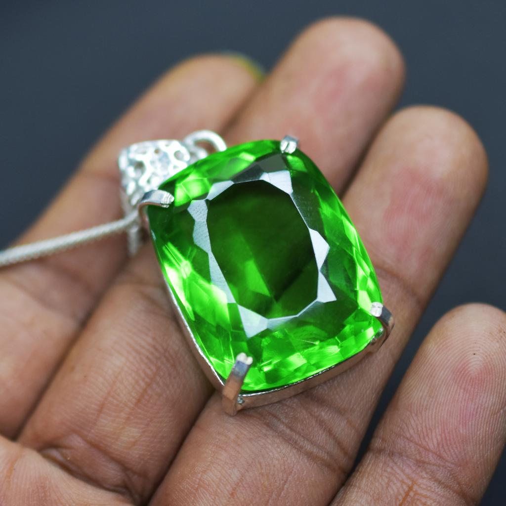 925 Sterling Silver Green Emerald Pendant Cushion Natural 91.2 Ct Gems CERTIFIED My-399-k