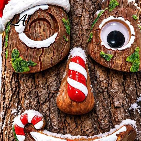 Tree Hugger Holiday Ornament 5 Pcs/Set Outdoor Face Decor Christmas Resin Art with Whimsical Yard Sculpture Santa Hat Funny Eyes Nose Mouth Set for