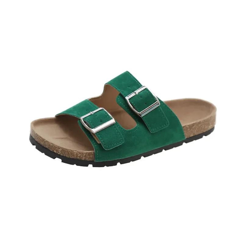 Whoholl Dámské klasické korkové pantofle Nové unisex semišové ploché sandály s podporou klenby Letní plážové nazouváky Nastavitelné boty s přezkou