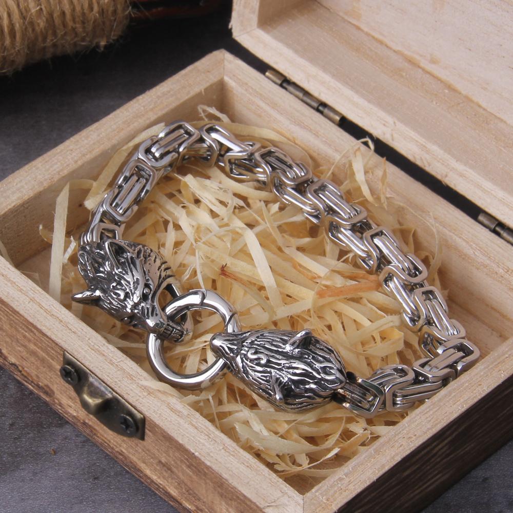 Bracciale con Ciondolo Lupo Vichingo in Acciaio Inossidabile a Maglia Rete, Gioielli Punk Biker da Uomo, Colore Inalterabile