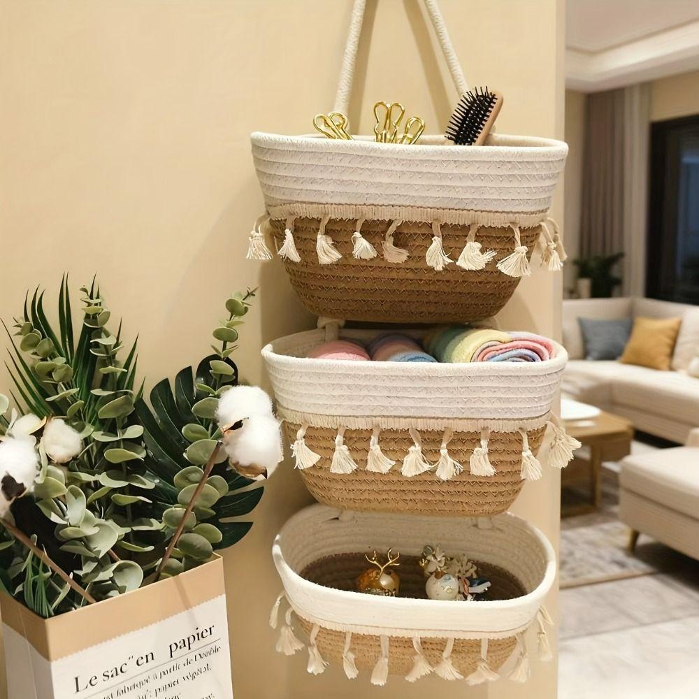 3-Tier Woven Hanging Organizer Handwoven Wall Hanging Pouch Wall Mount Storage Bag  Bathroom