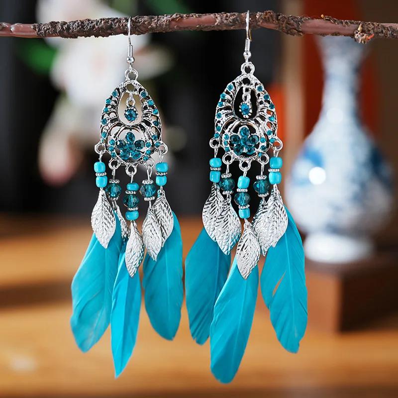 Bohemain Feather Long Earrings For Women Vintage Geometric Handmade Crystal Beads Wedding Drop Dangle Boho Girls Ear Jewelry