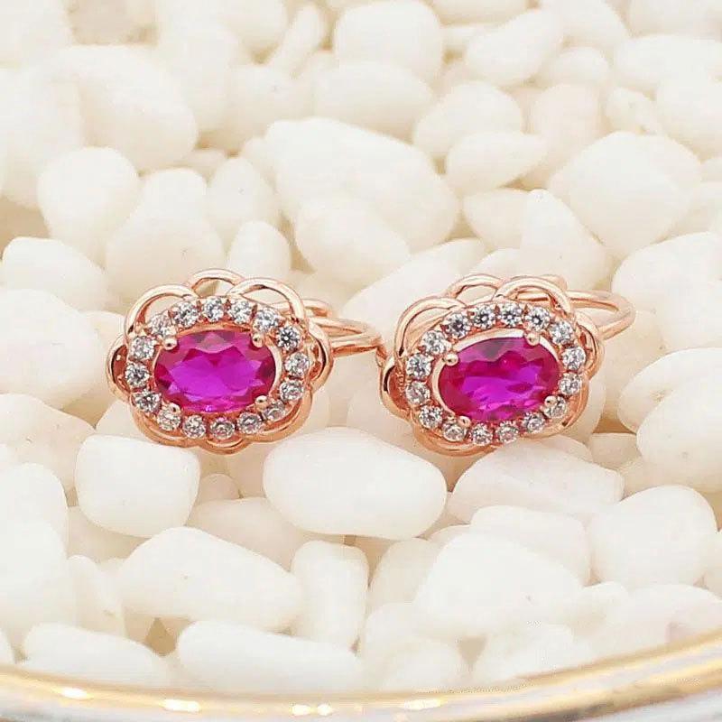 Rose Gold Plated Inlaid Flower Red Stone Purple Gold Simple Temperament Fashion Colored Gold Earrings