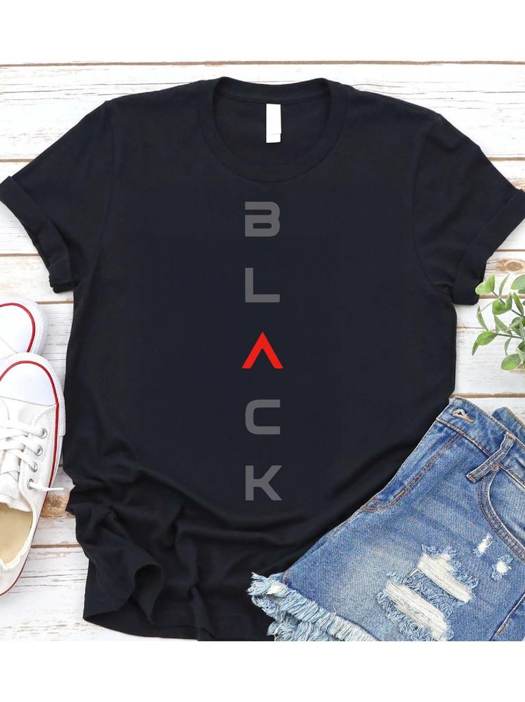 Black Pure - Cotton Women's T - Shirt: "Innovative Vertical 'Black' Lettering"