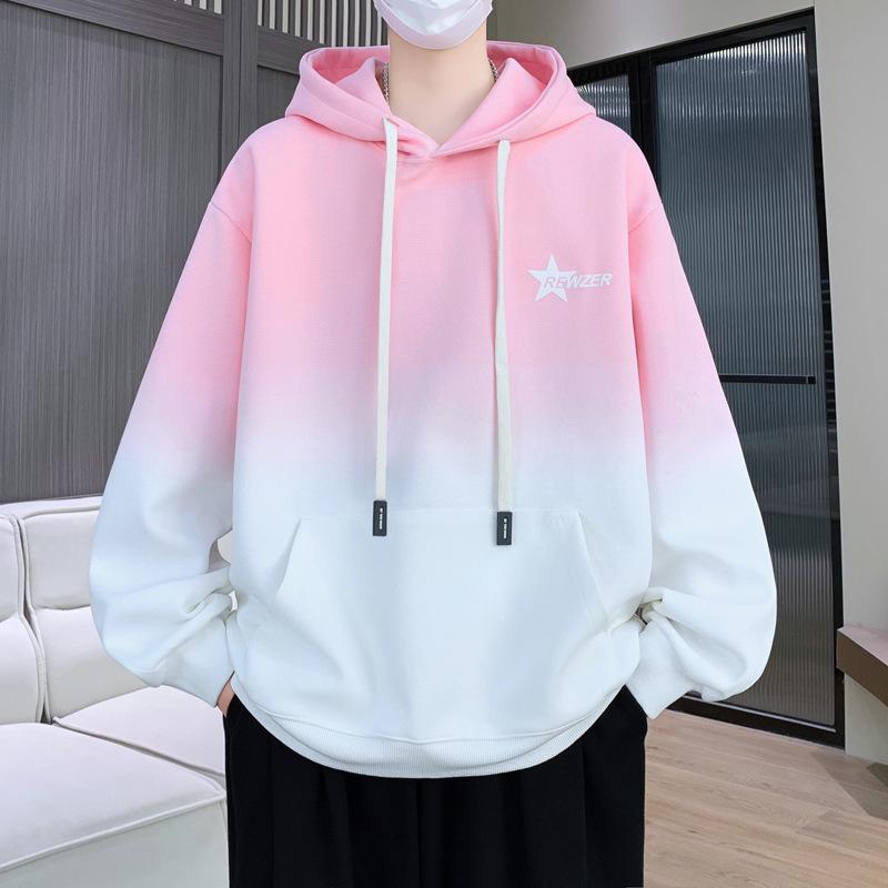 Men's Fleece-Lined Gradient Crew Neck Long-Sleeve T-Shirt: Loose, Casual, Trendy Style for Teenagers—Perfect for Autumn and Winter.