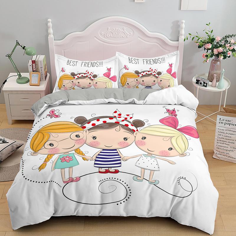 Cartoon Lovely Girls King Queen Duvet Cover Cute Little Girl Pattern Bedding Set Kids Pink Pretty 2/3pcs Polyester Quilt Cover