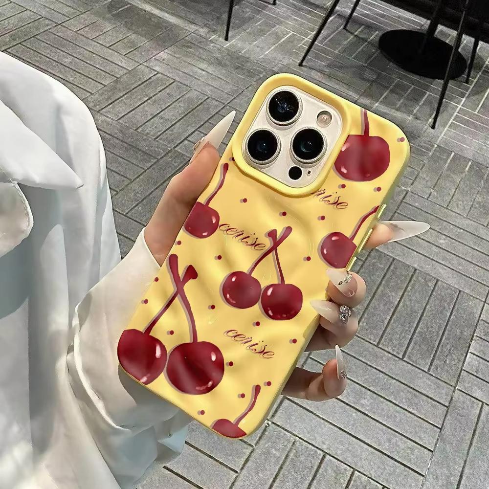 Korean Cherry Pattern Phone Case For iPhone 17 16 15 14 13 12 11 Pro Max 14 15 Plus 17 Air Wrinkle Wave Soft Silicone Drop Cover