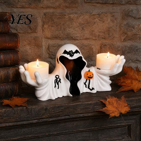 Halloween Ghost Figurine White Robe Figurine, Spooky Wizard Decorative Resin Statue, Gothic Sculpture Candle Holder, for Home Bedroom