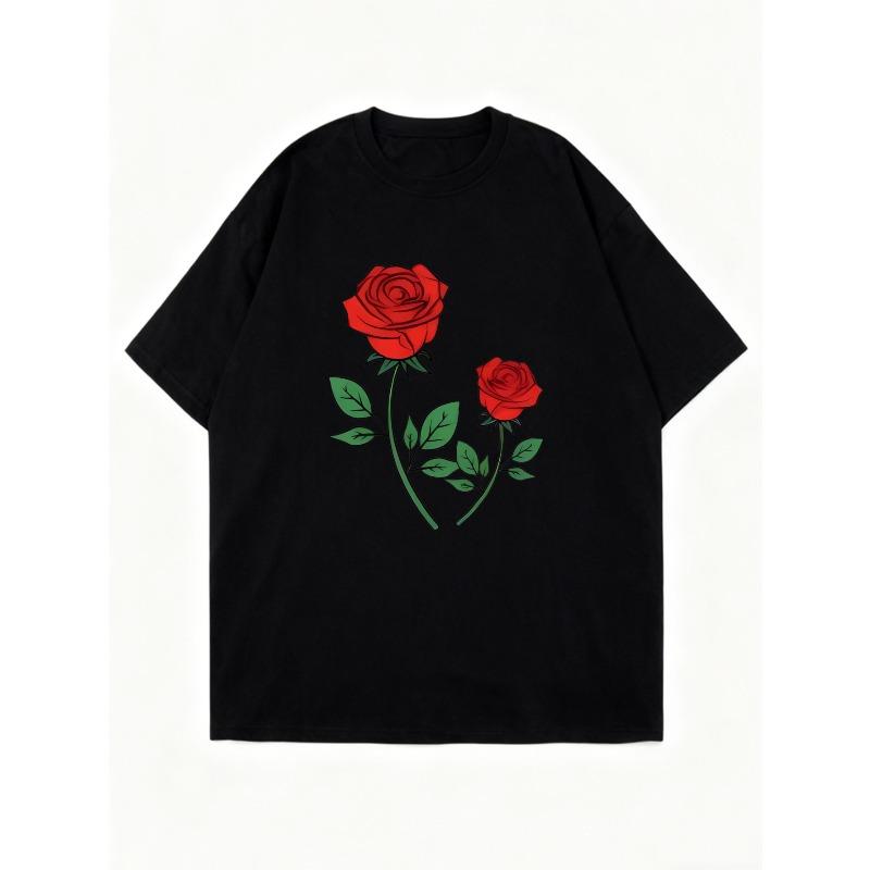 Black Oversized T Shirt With Red Rose Print For Casual Wear