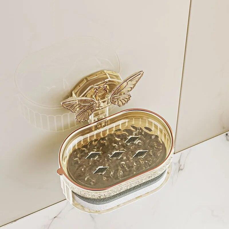 Suction Cup Soap Holder Butterfly Design Double Layer Soap Box Sponge Drainage Holder No Drilling Soap Storage Shelf