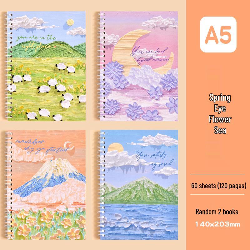 Cartoon Oil Painting A5 Side-Bound Lined Notebook - Cute, Thick, Student-Friendly