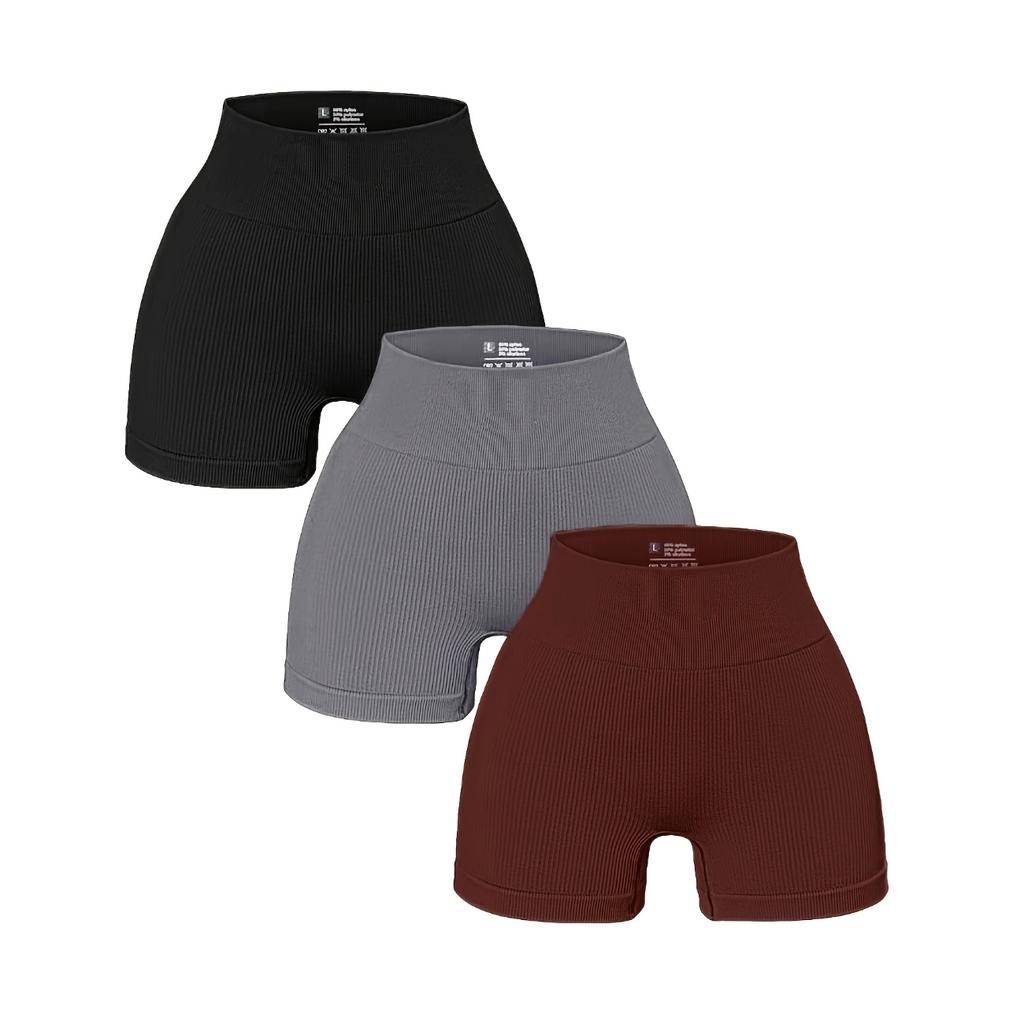3 Piece High-Waisted Seamless Rib-Knit Yoga Shorts for Women - Ultra Stretchy, Moisture-Wicking, Quick-Drying, Four-Way Stretch Nylon Blend Fabric