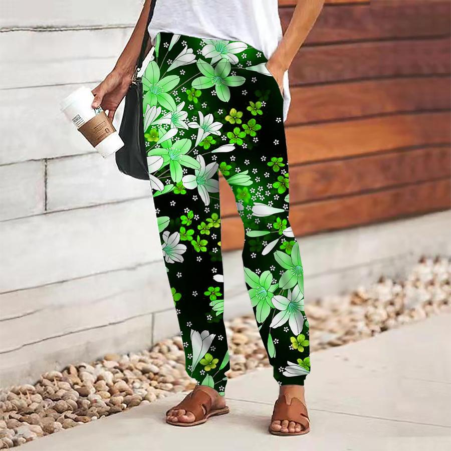 Dámské kalhoty s květinovým potiskem na šněrování s elastickým pasem volné kalhoty ležérní dlouhé kalhoty kalhoty s kapsami