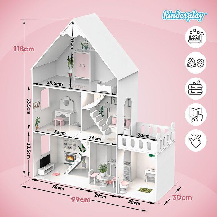 Grande maison de poupées en bois 118 cm, 3 étages, LED et meubles inclus - blanc (GS0023_C-1)
