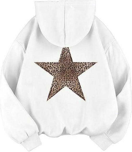Dames Hooded Sweatshirt met Luipaard- en Sterrenprint, Casual Pullover met Lange Mouwen, Grote Voorraad Beschikbaar