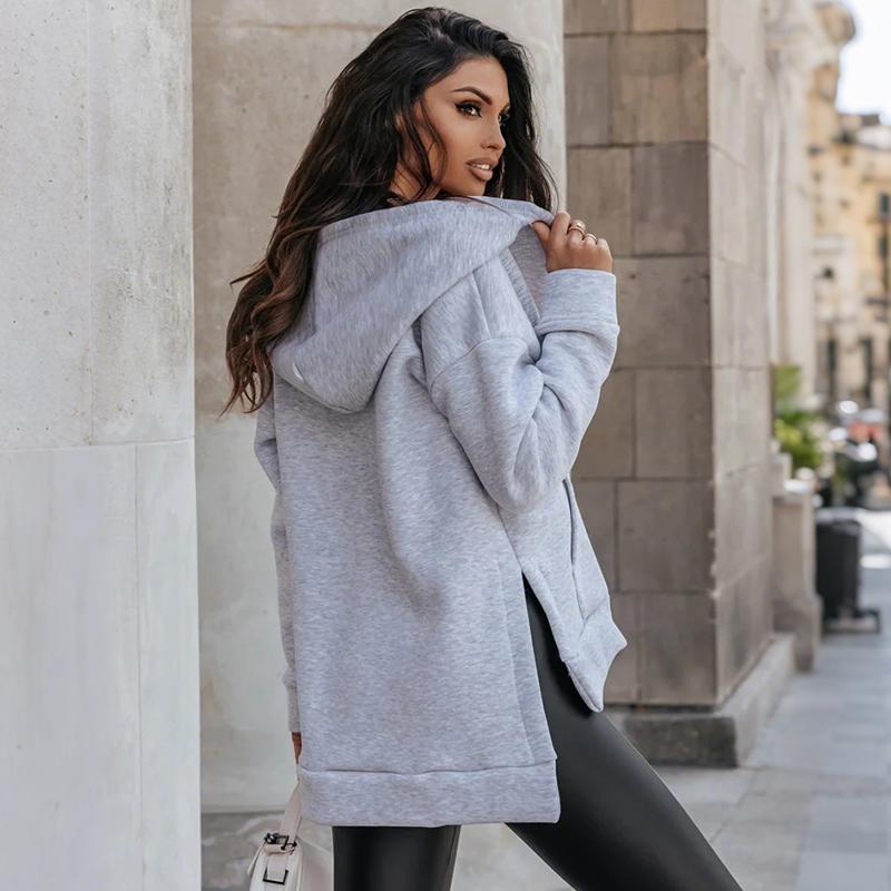 Ladies Spring Autumn Casual Long Sleeve Hooded Zipper Solid Color Cardigan Hoodies Sweatshirt Top