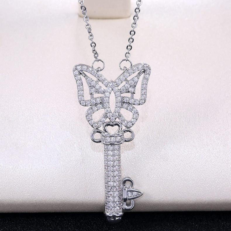 Silver Plated Butterfly Key Full CZ Pendant Necklace, Elegant Sparkling Cable Chain Necklace for Women