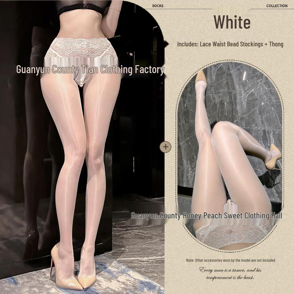 Shiny Black Pearl Lingerie Bodysuit with Lace Waist, See-Through Design, and Open Crotch.