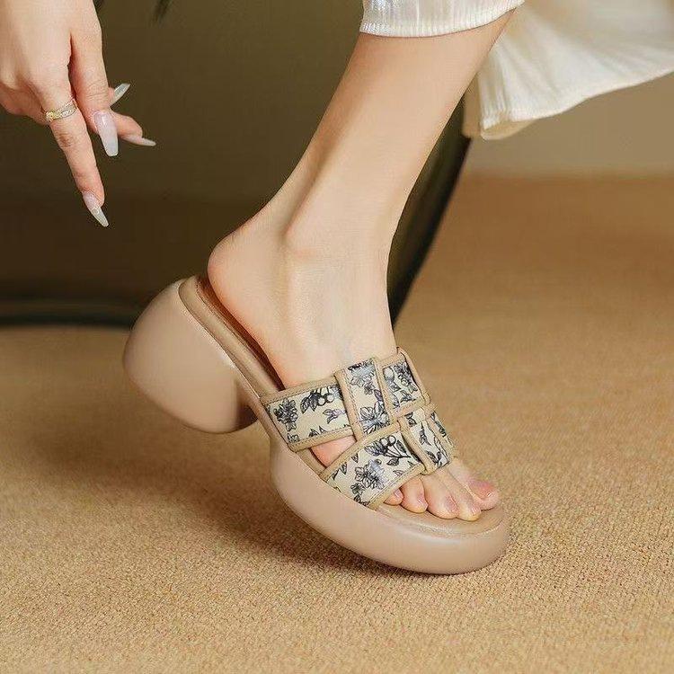 

Summer fashion outer wear thick-soled embroidered women s slippers retro one-character sandals thick-heeled muffin apricot open-toed sandals 40