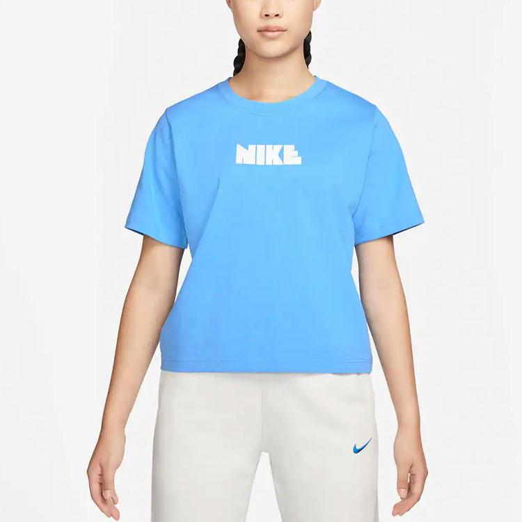 Nike X Atmos Pink Collaboration NSW Circa Series Letter Pattern Printed Crew Neck Short Sleeve T-Shirt Women T-Shirt Blue DV1380-412
