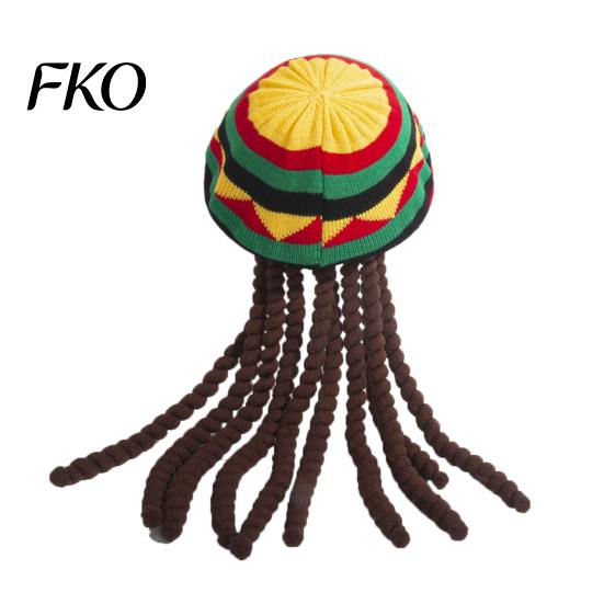 All-in-one Wig Braid Stretch Beret Bottom Hat, Non-Pressurizing Soft Knitted Elastic Adult Size Rainbow Color Foldable Hat for Festivals One Size E