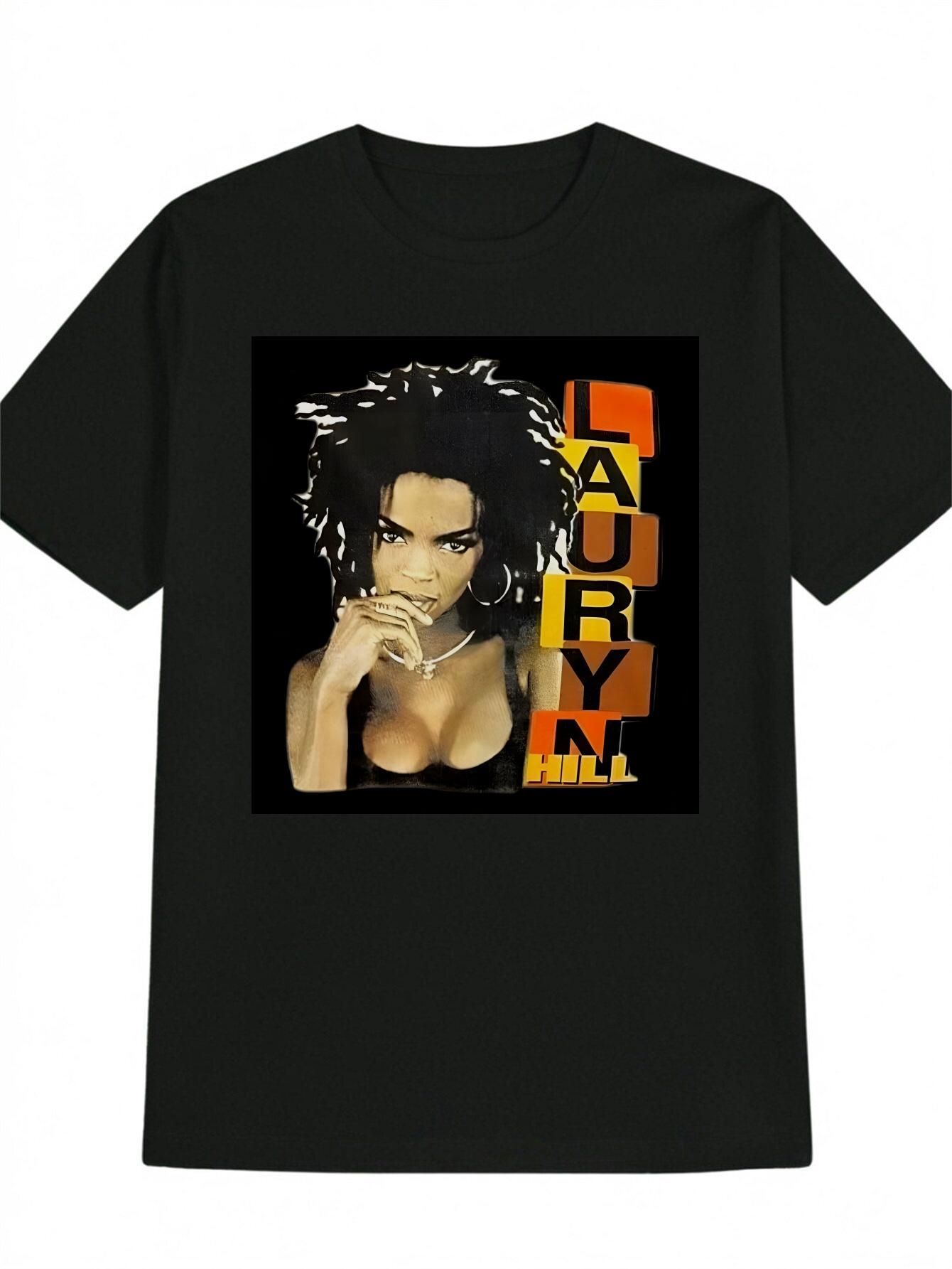 Casual Graphic Print T-shirt - Black Round Neck Summer Tee with Bold Typography & Portrait Design XXL