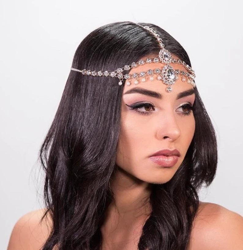 Vintage Trend Rhinestone Head Chain Forehead Headband Indian African Bohemian Hair Accesories Crystal Fringe Tiara Headdress